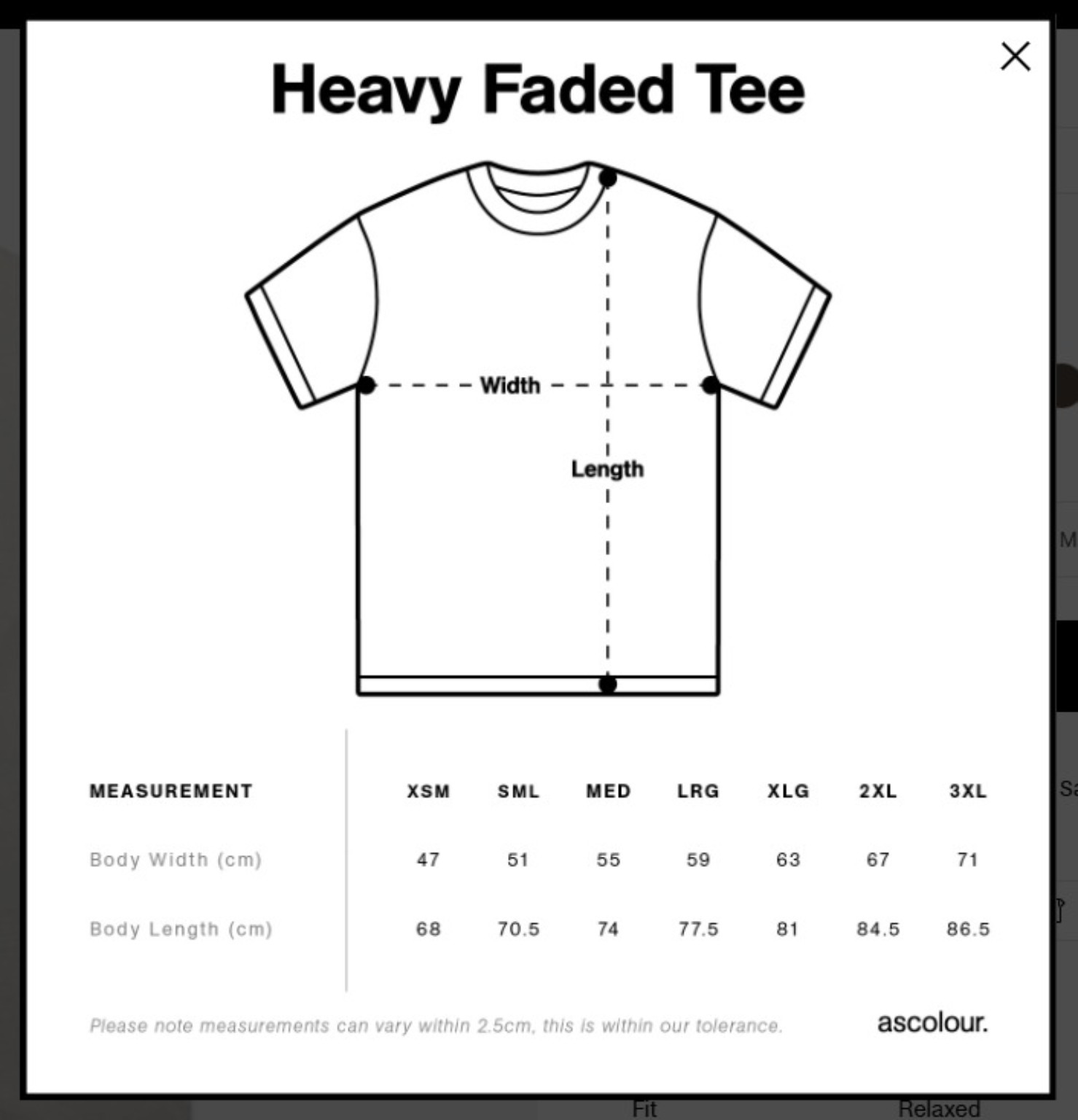 טבלת מידות Heavy Faded Tee: רוחב ואורך החולצה בסנטימטרים
